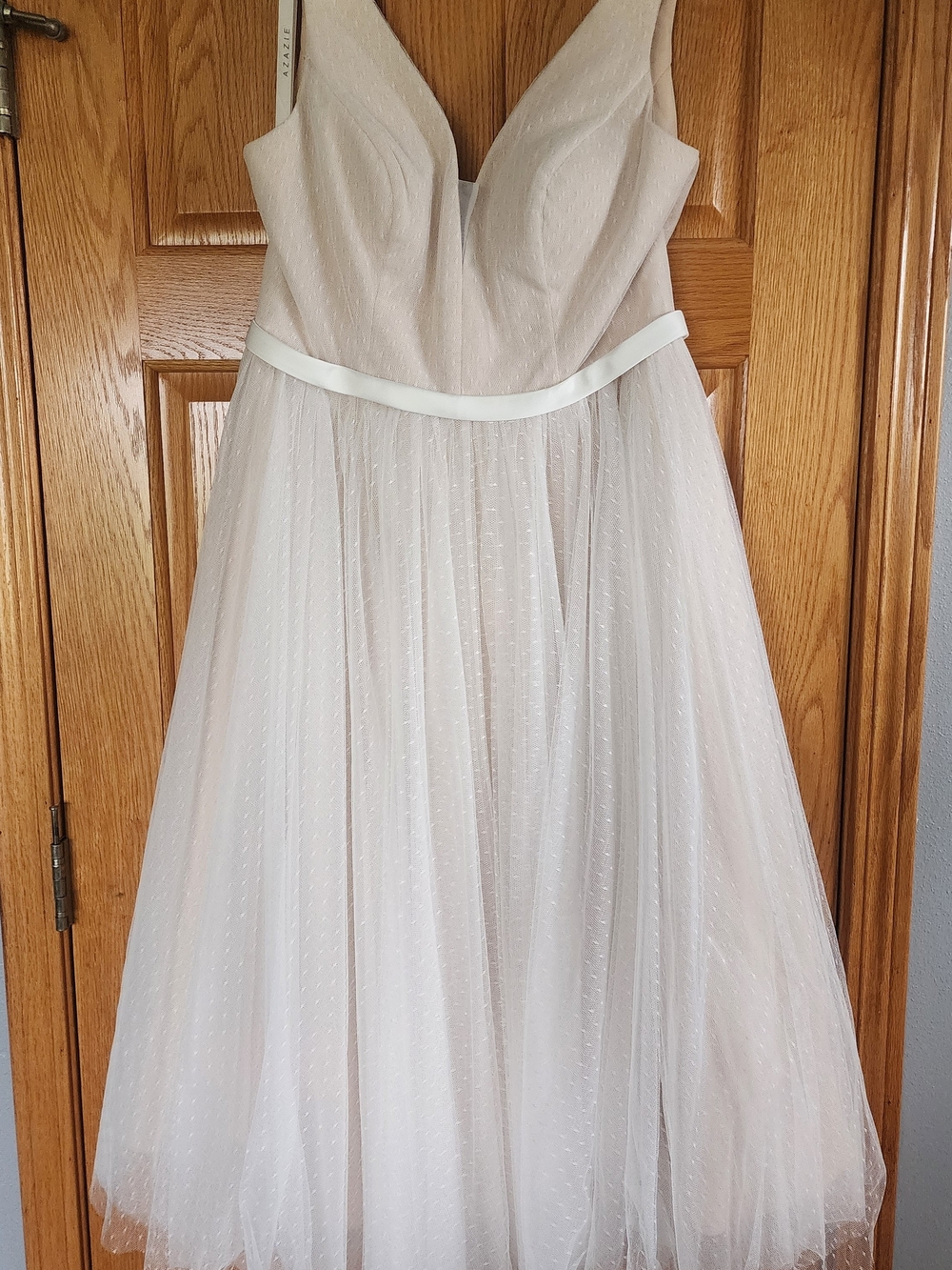 Azazie Blush Tulle Midi Dress with V-Neck